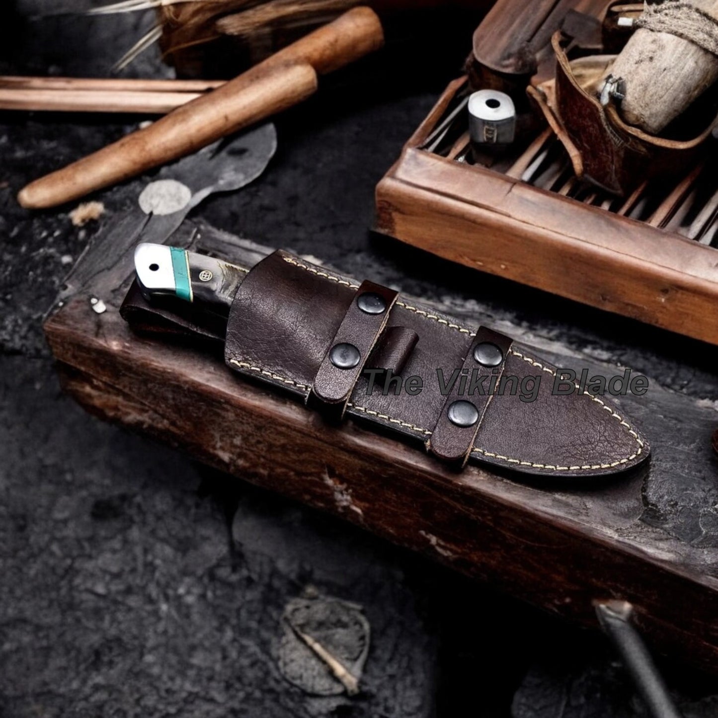 Custom Handmade Damascus Sheep Horn Hunting Sport Knife With Leather Sheath