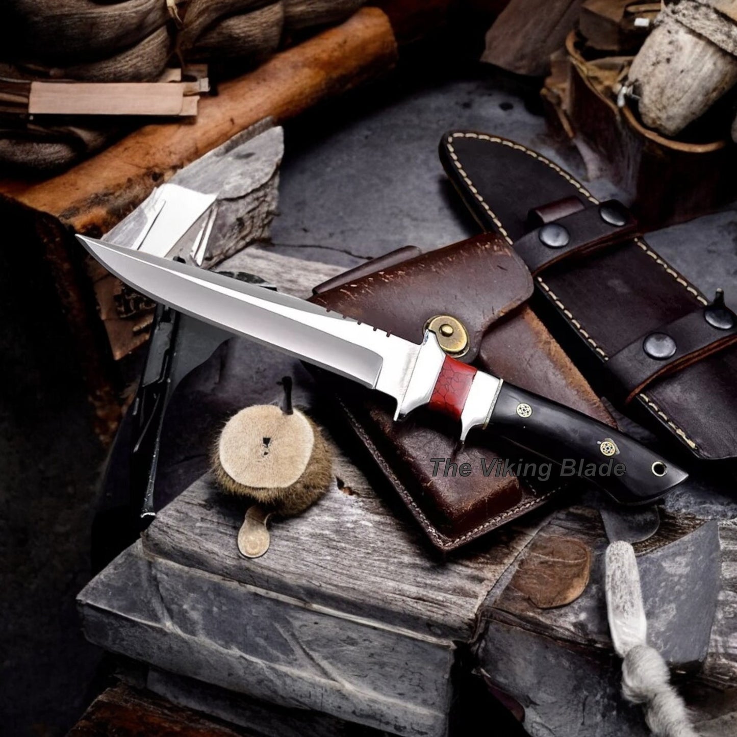 Handmade Custom BUFFALO HORN TURQUOISE Sub Hilt Hunting Sport Knife With Leather Sheath