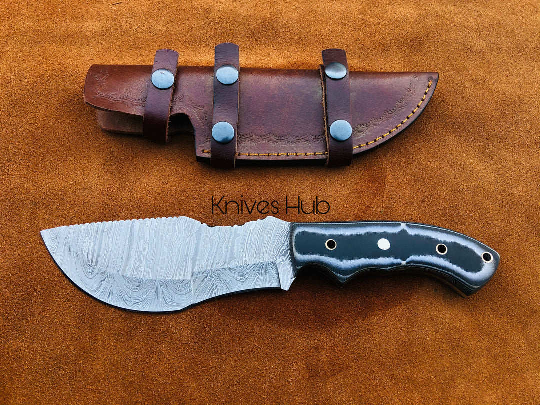 Hand Forged Damascus Steel Tracker Knife With Leather Sheath