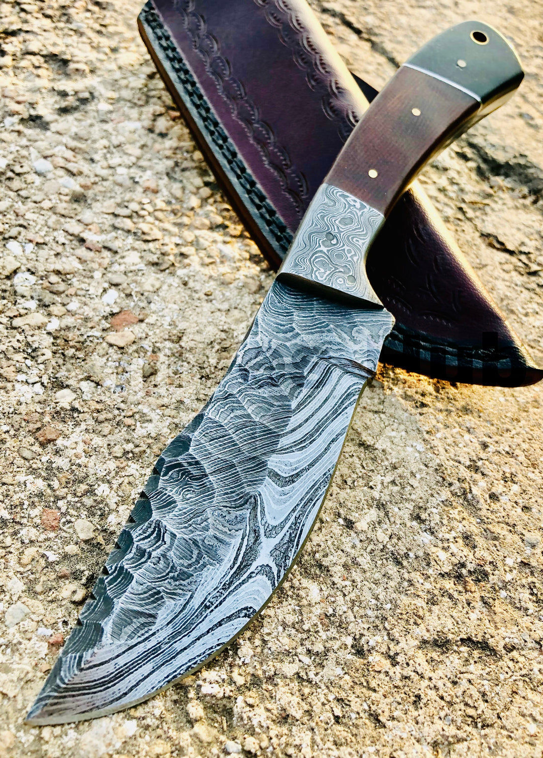 Custom Handmade Damascus Steel Tracker Knife With Leather Sheath
