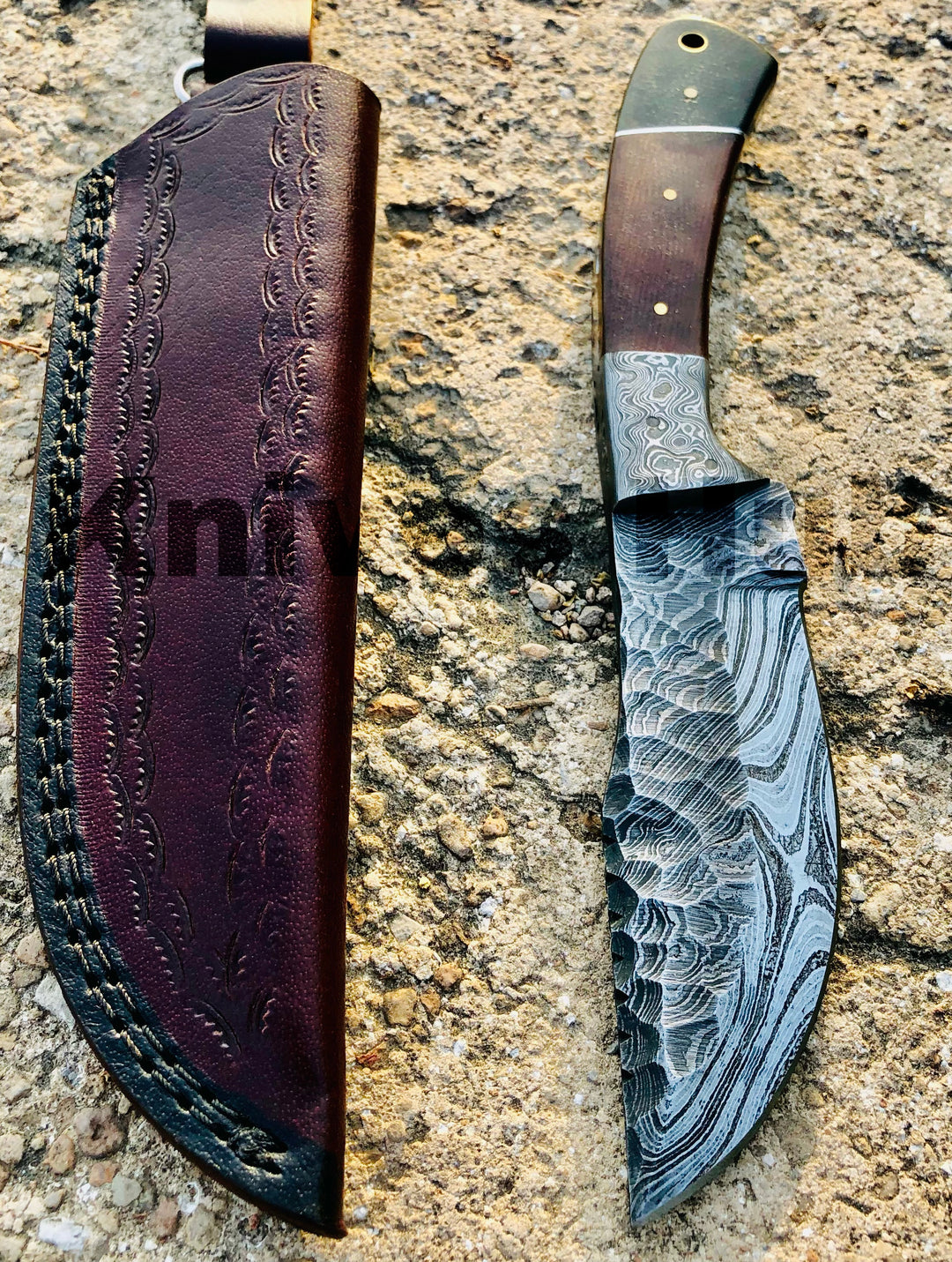 Custom Handmade Damascus Steel Tracker Knife With Leather Sheath