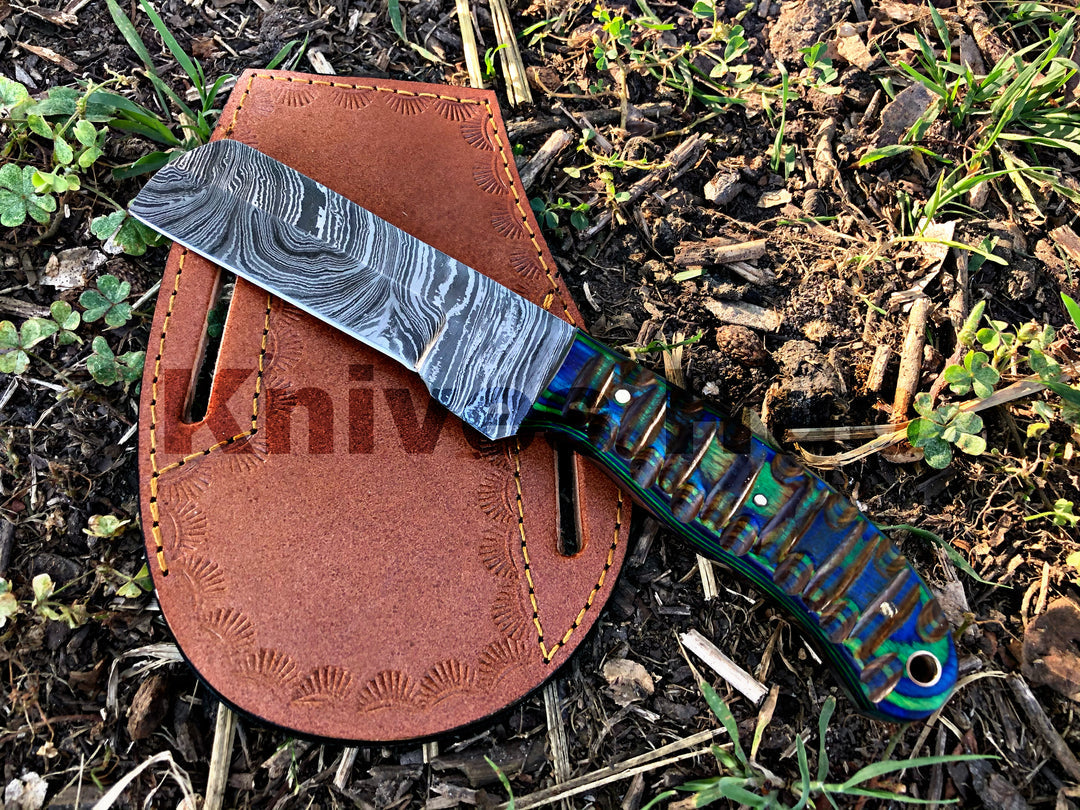 Custom Handmade Bull Cutter Knife Hand Forged Damascus EDC Knife With Leather Sheath