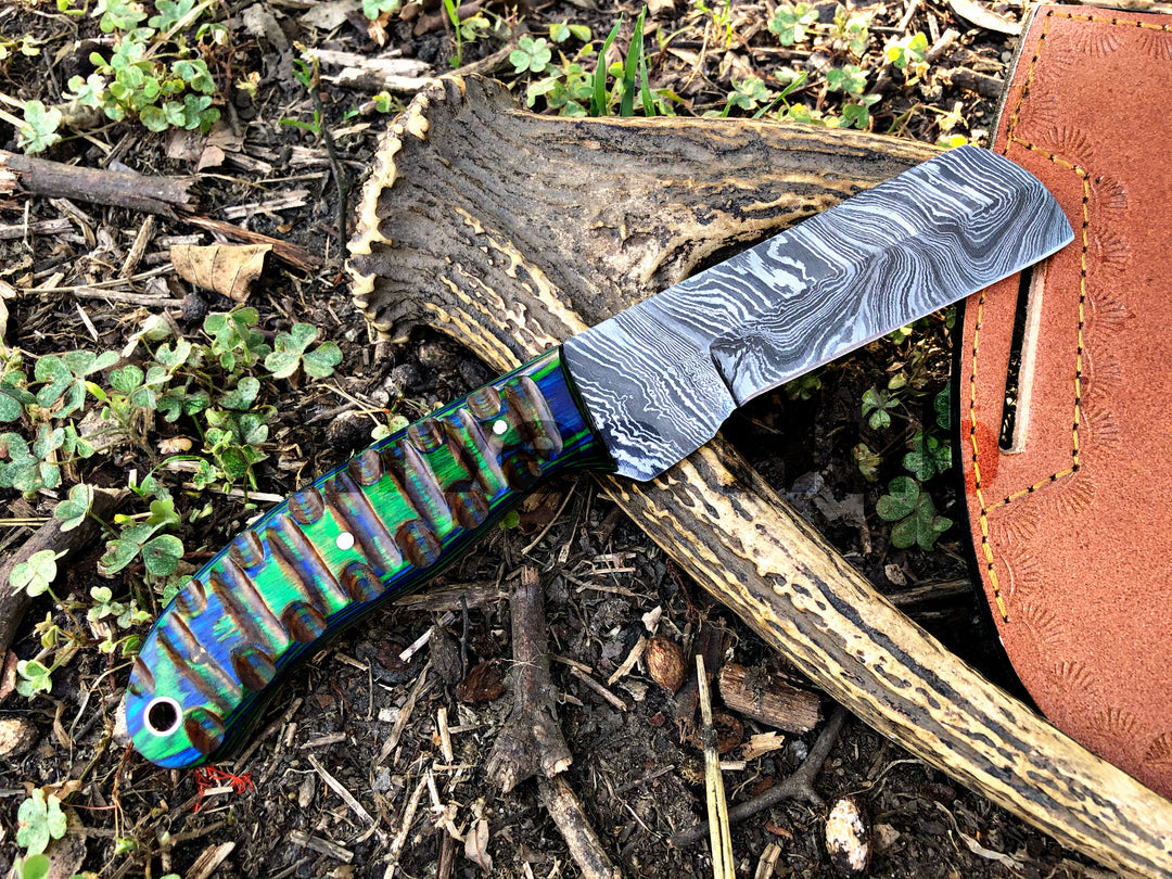 Custom Handmade Bull Cutter Knife Hand Forged Damascus EDC Knife With Leather Sheath