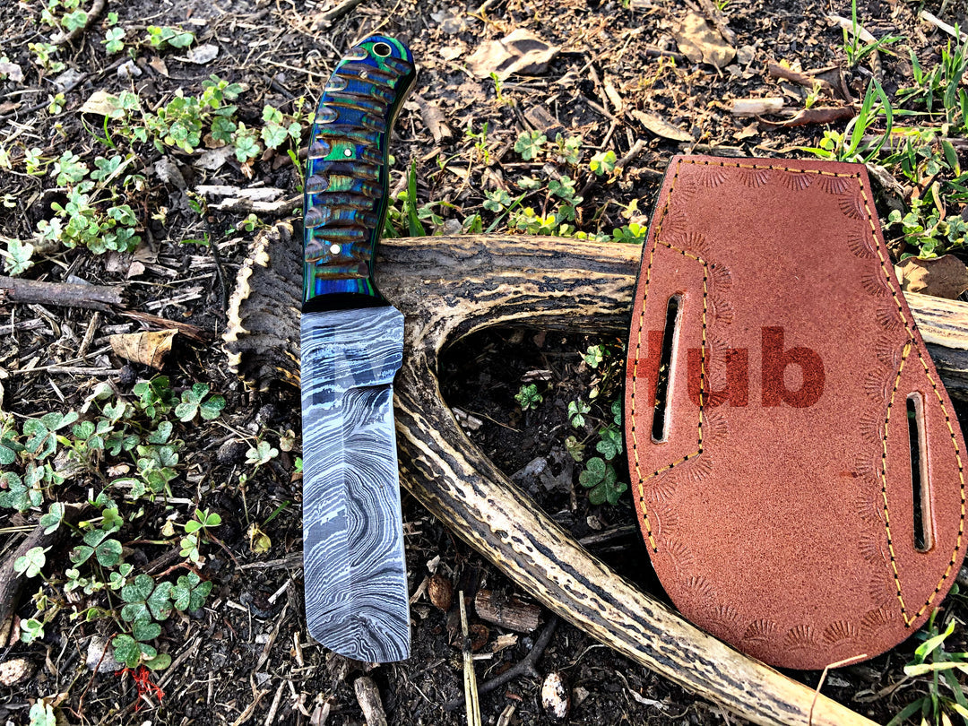 Custom Handmade Bull Cutter Knife Hand Forged Damascus EDC Knife With Leather Sheath