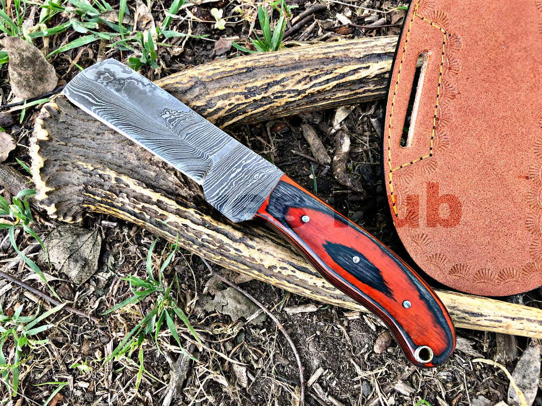 Custom Handmade Bull Cutter Knife Hand Forged Damascus EDC Knife With Leather Sheath