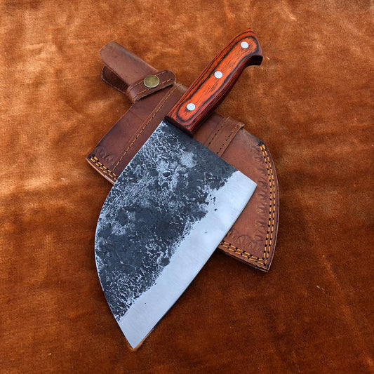 Handmade Damascus Steel Cleaver Chef Knife With Leather Sheath