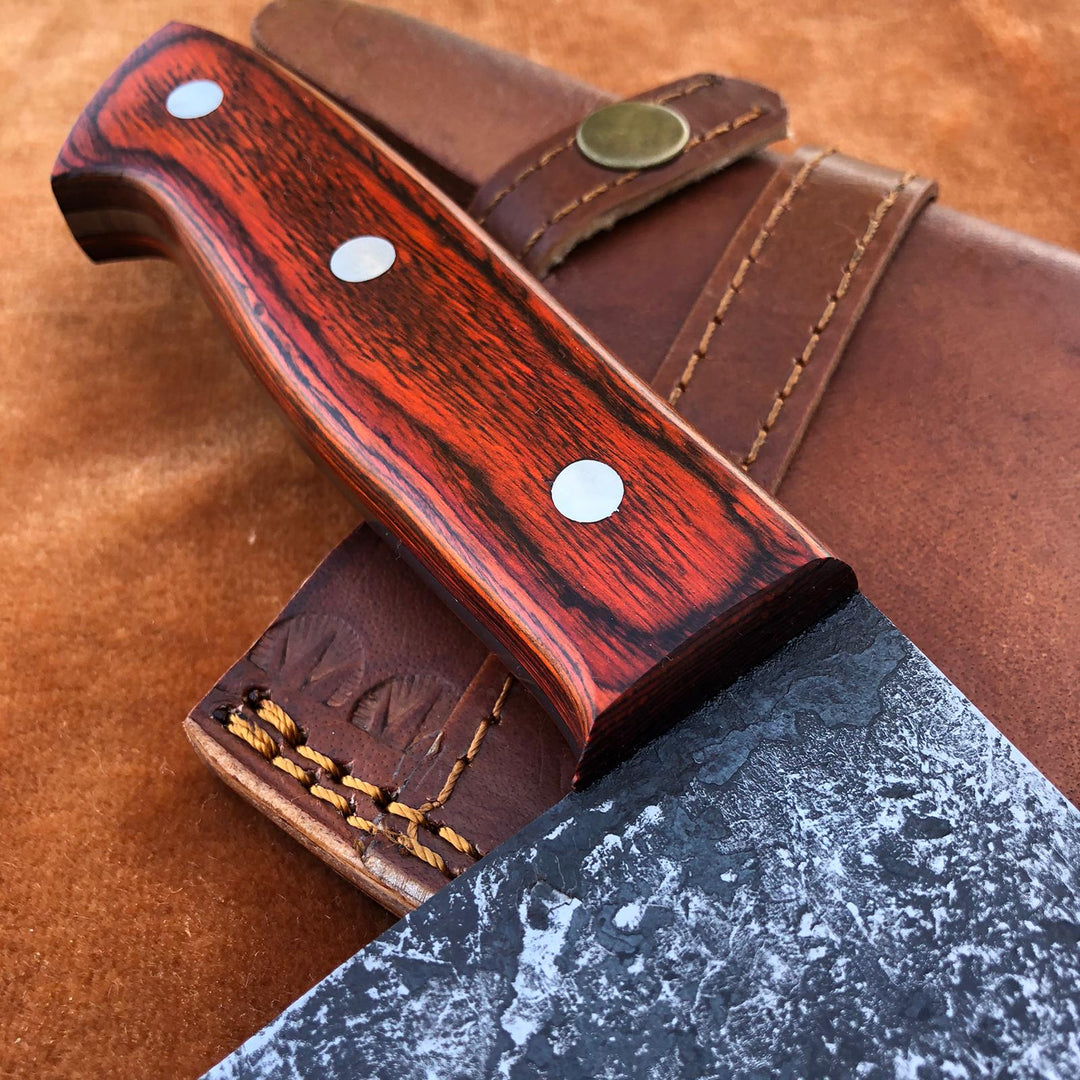 Handmade Damascus Steel Cleaver Chef Knife With Leather Sheath