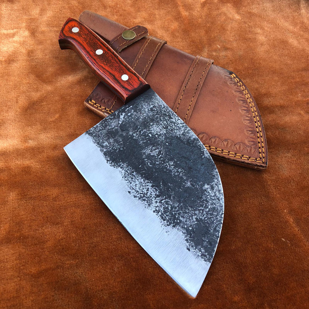 Handmade Damascus Steel Cleaver Chef Knife With Leather Sheath