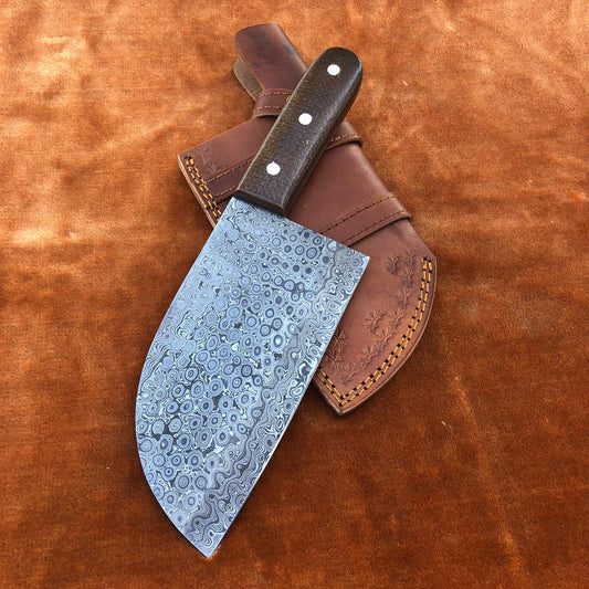 Handmade Damascus Steel Cleaver Chef Knife With Leather Sheath