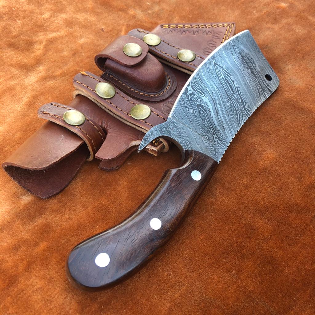 Handmade Damascus Steel Cleaver Chef Knife With Leather Sheath
