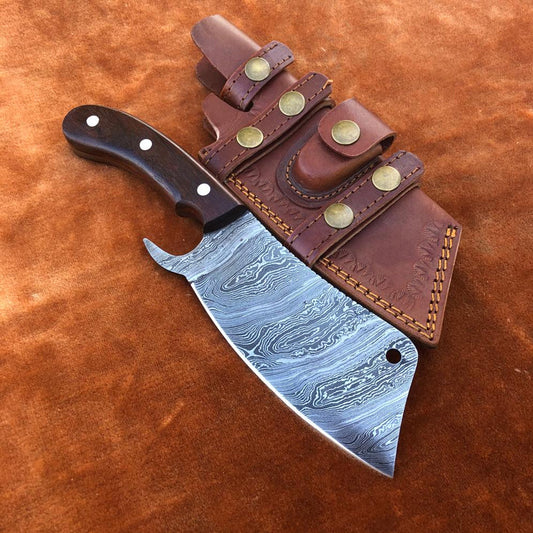 Handmade Damascus Steel Cleaver Chef Knife With Leather Sheath