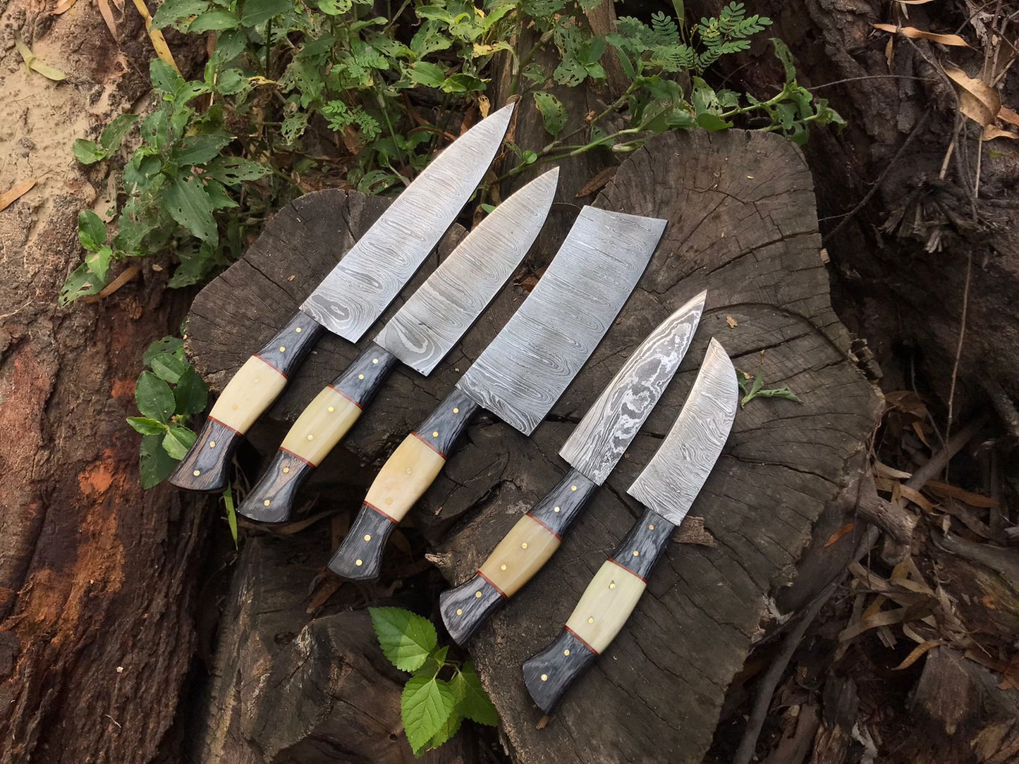 Hand Forged Damascus Steel Kitchen Knives Chef Set With Leather Roll Kit