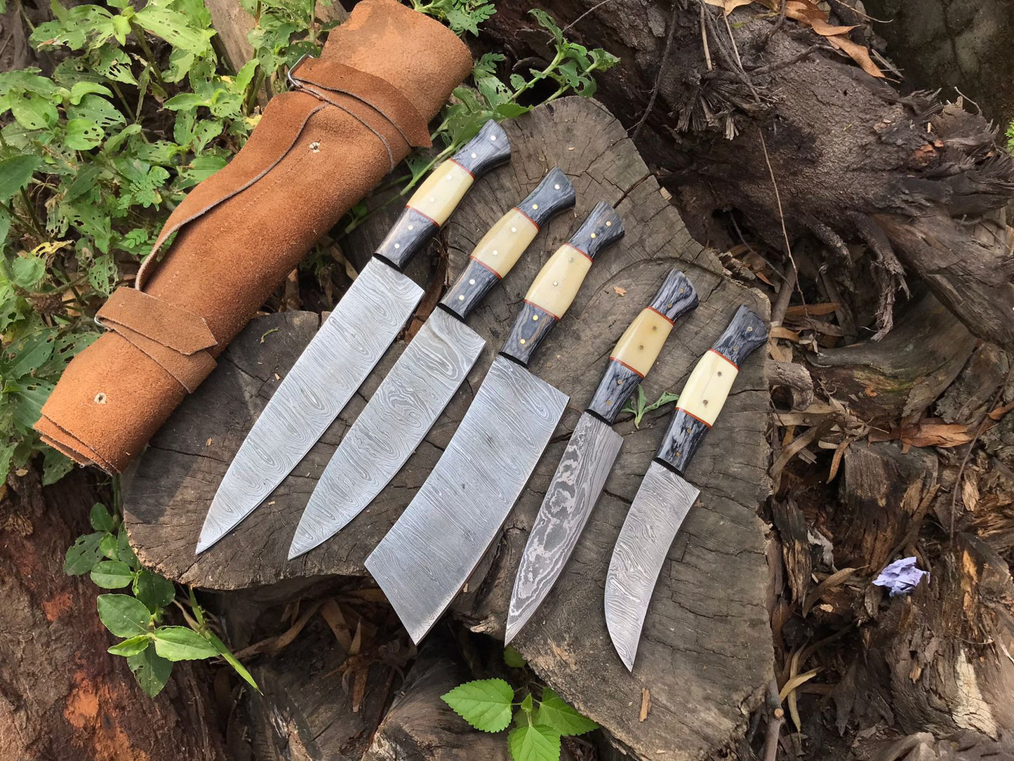 Hand Forged Damascus Steel Kitchen Knives Chef Set With Leather Roll Kit