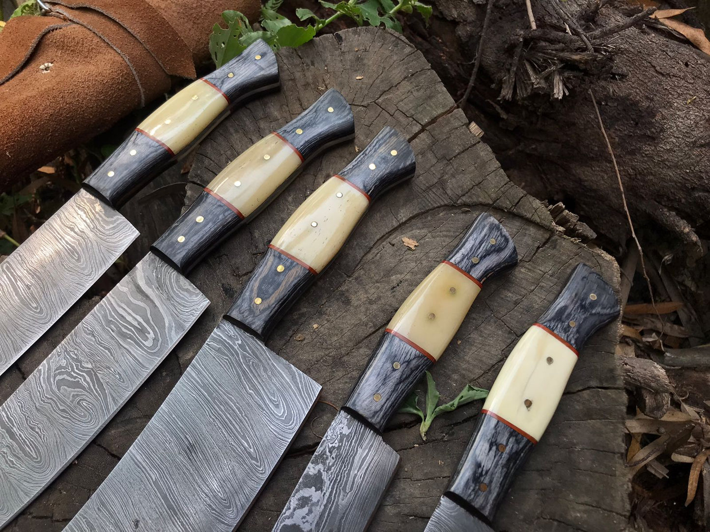 Hand Forged Damascus Steel Kitchen Knives Chef Set With Leather Roll Kit