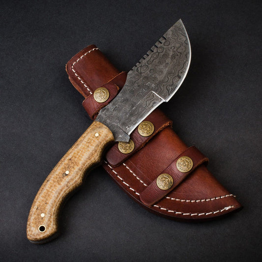 Custom Handmade Damascus Steel Tracker Hunting Knife With Leather Sheath