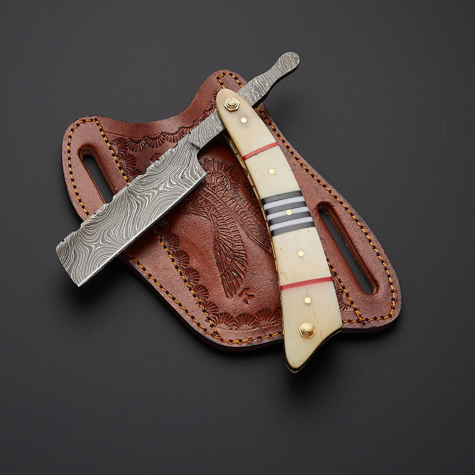 Custom Handmade Damascus Steel Straight Razor With Leather Sheath