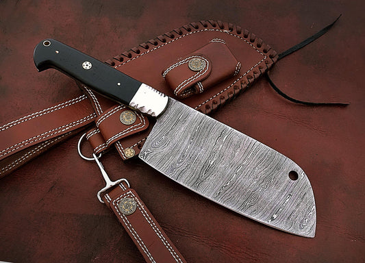Handmade Damascus Steel Cleaver Knife With Leather Sheath