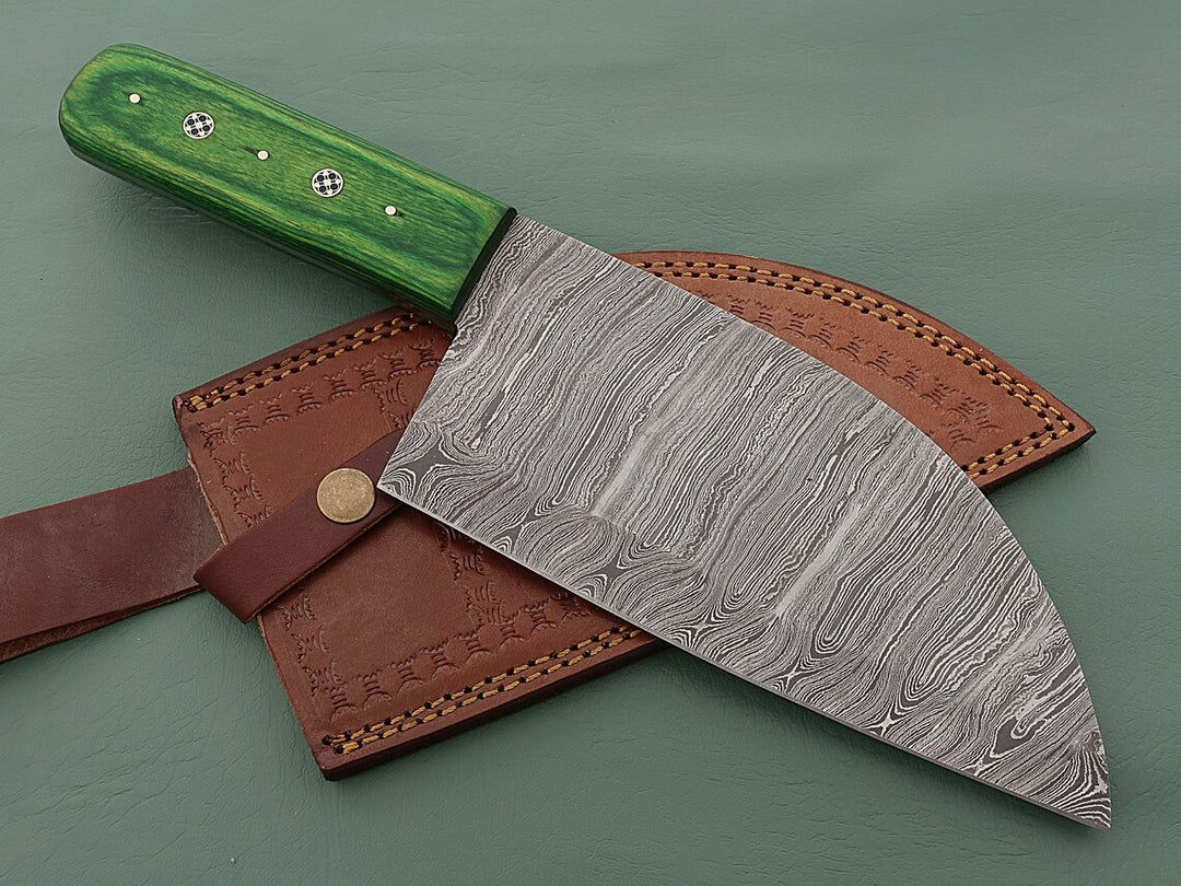 Handmade Damascus Serbian knife with Green Pakka Wood Handle kitchen knife