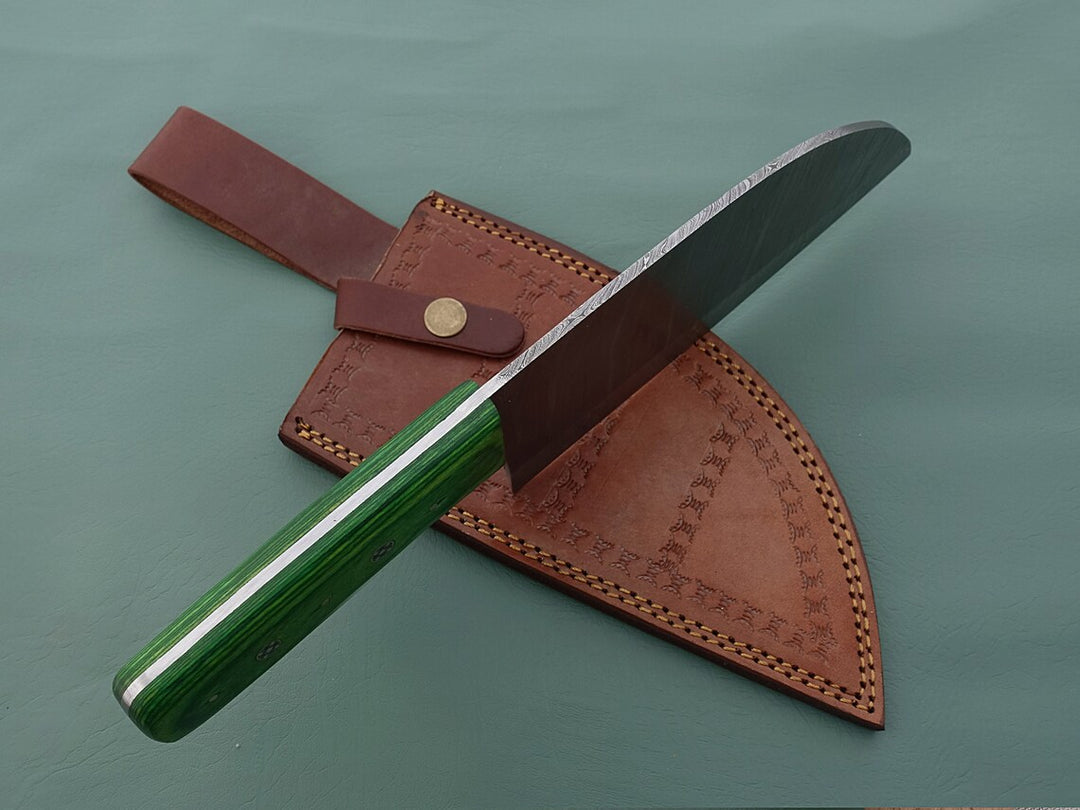 Handmade Damascus Serbian knife with Green Pakka Wood Handle kitchen knife