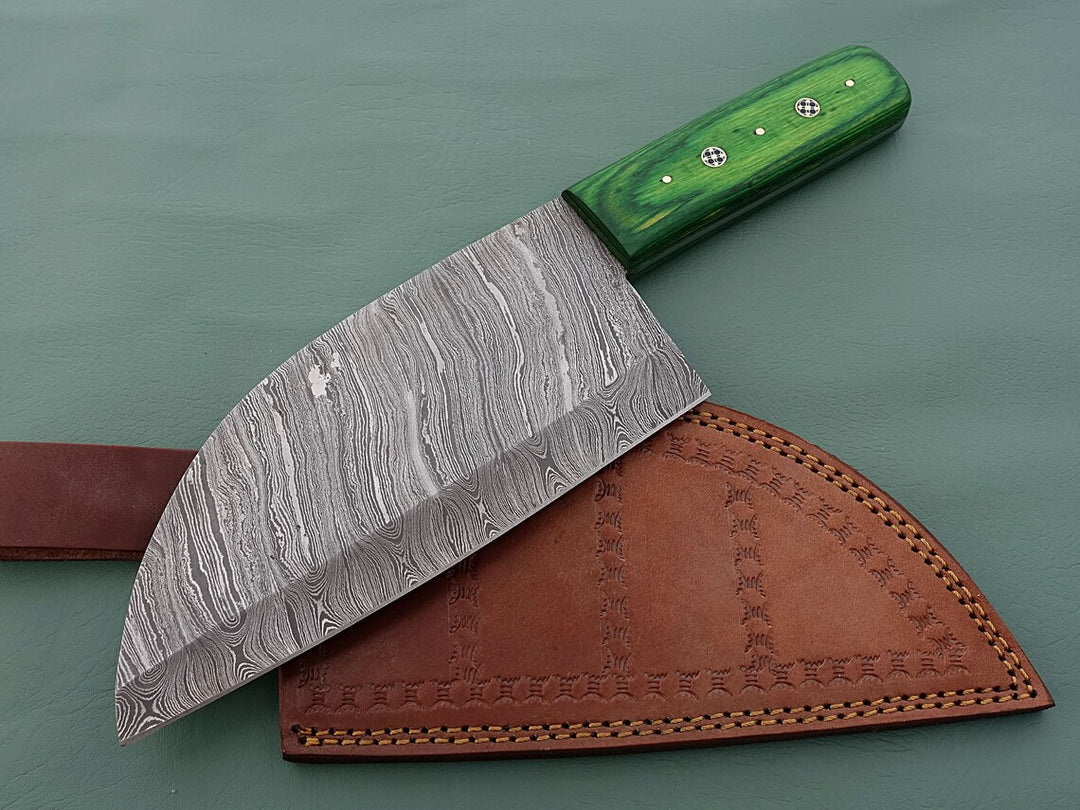Handmade Damascus Serbian knife with Green Pakka Wood Handle kitchen knife