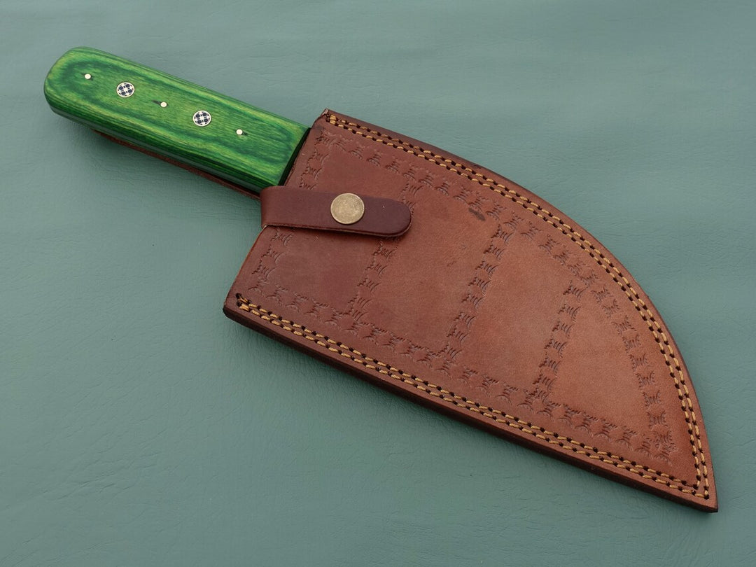 Handmade Damascus Serbian knife with Green Pakka Wood Handle kitchen knife