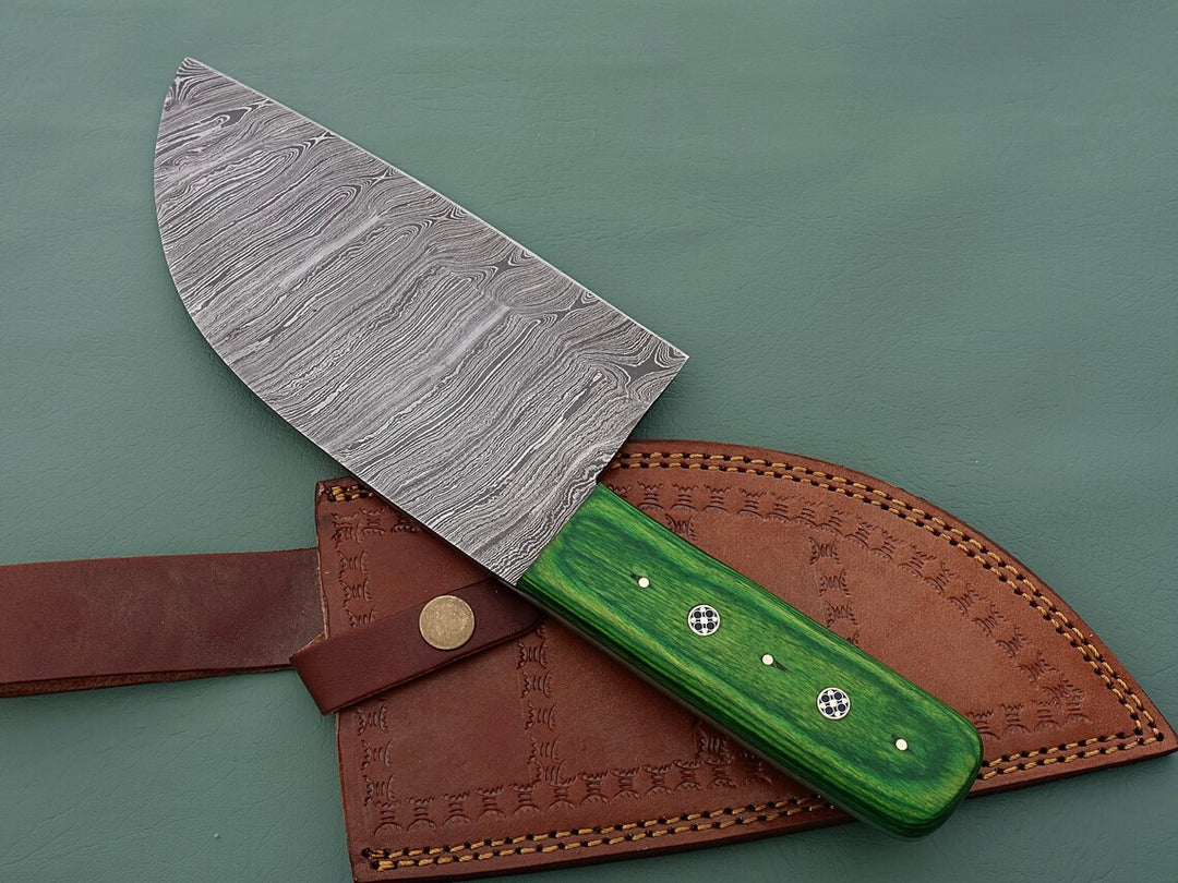 Handmade Damascus Serbian knife with Green Pakka Wood Handle kitchen knife