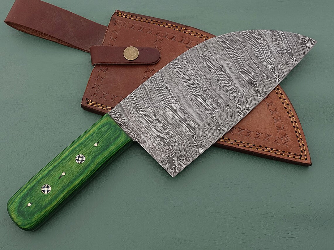 Handmade Damascus Serbian knife with Green Pakka Wood Handle kitchen knife