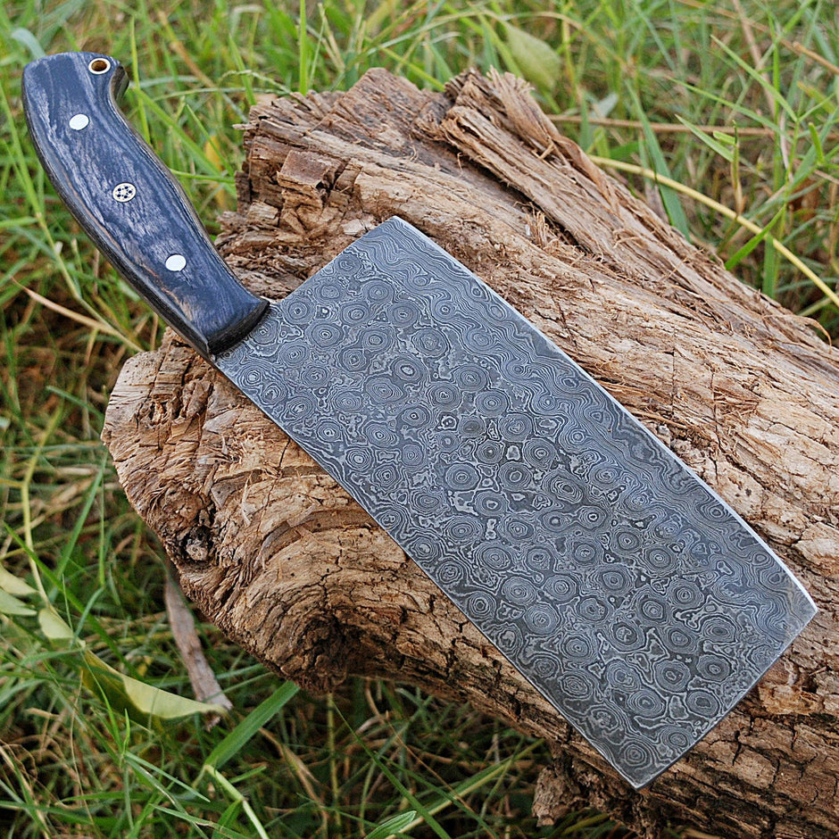 Hand Forged Damascus Steel Full Tang Cleaver Knife With Leather Sheath