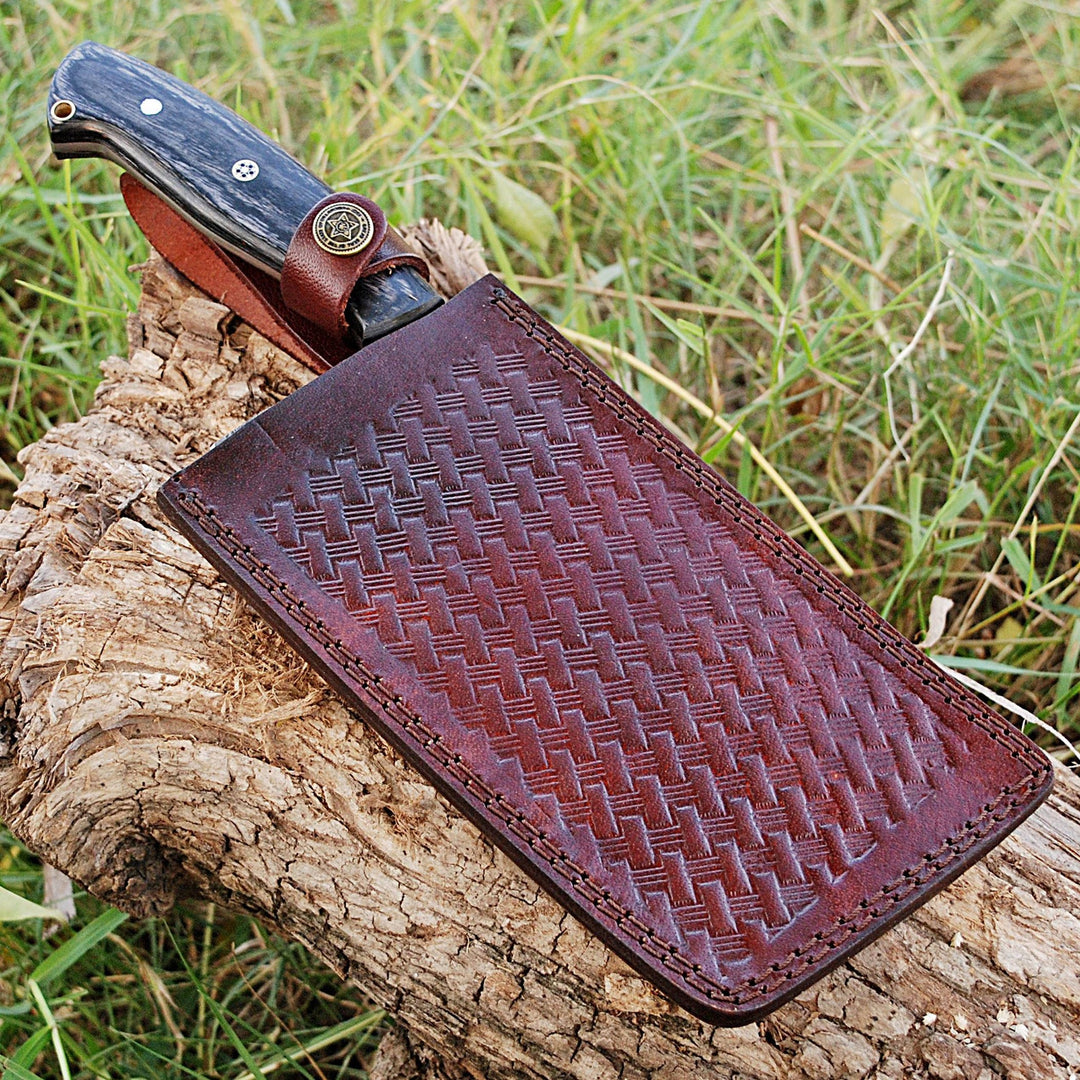 Hand Forged Damascus Steel Full Tang Cleaver Knife With Leather Sheath