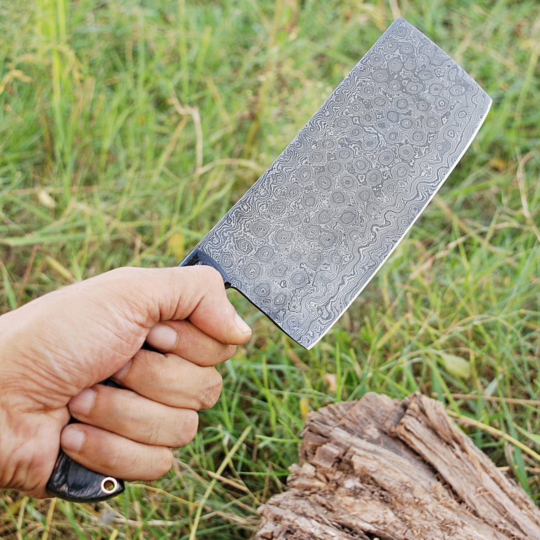 Hand Forged Damascus Steel Full Tang Cleaver Knife With Leather Sheath
