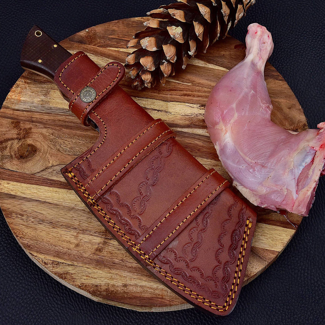 Custom Handmade Damascus Steel Rain Drop Full Tang Cleaver Kitchen Chef Knife With Leather Sheath