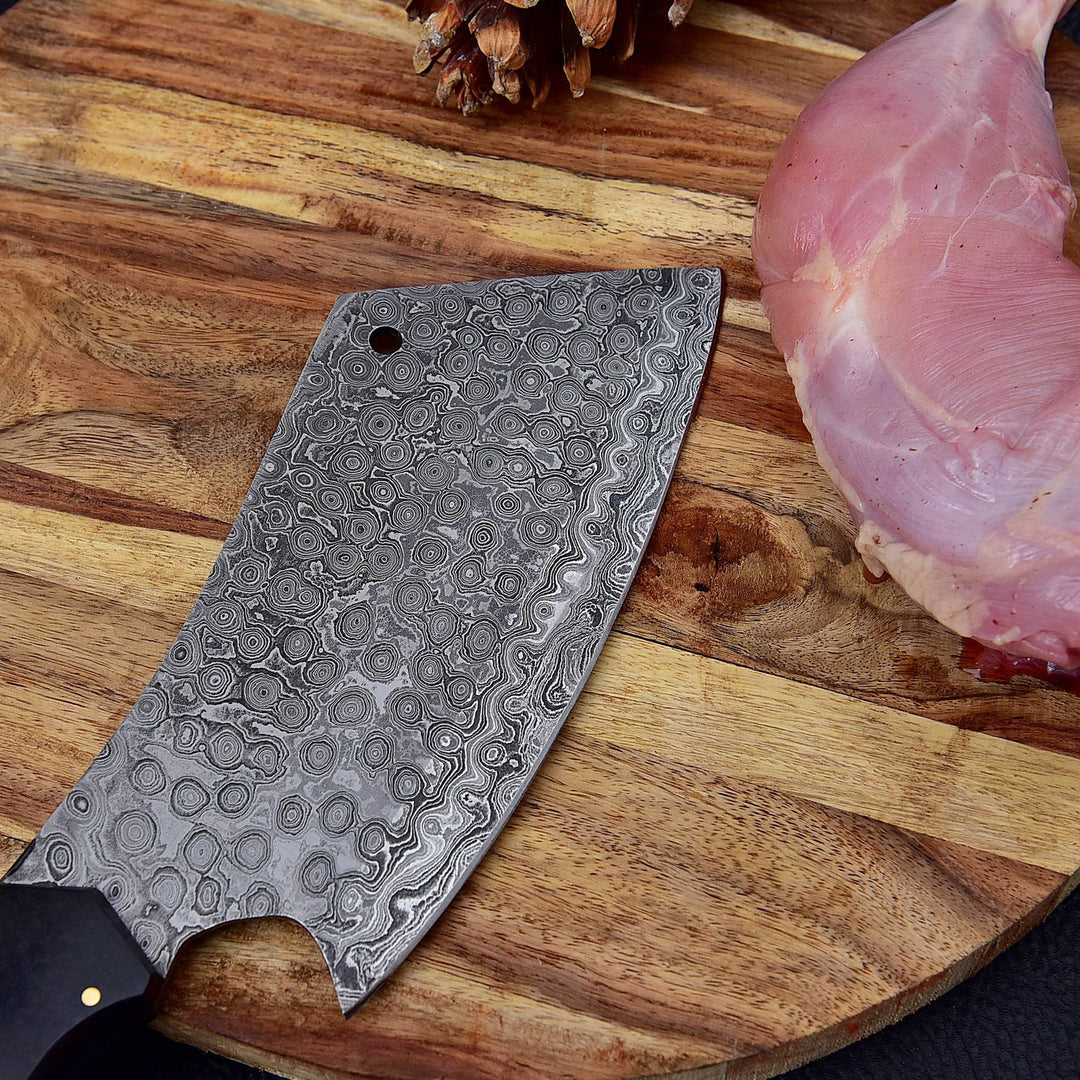 Custom Handmade Damascus Steel Rain Drop Full Tang Cleaver Kitchen Chef Knife With Leather Sheath
