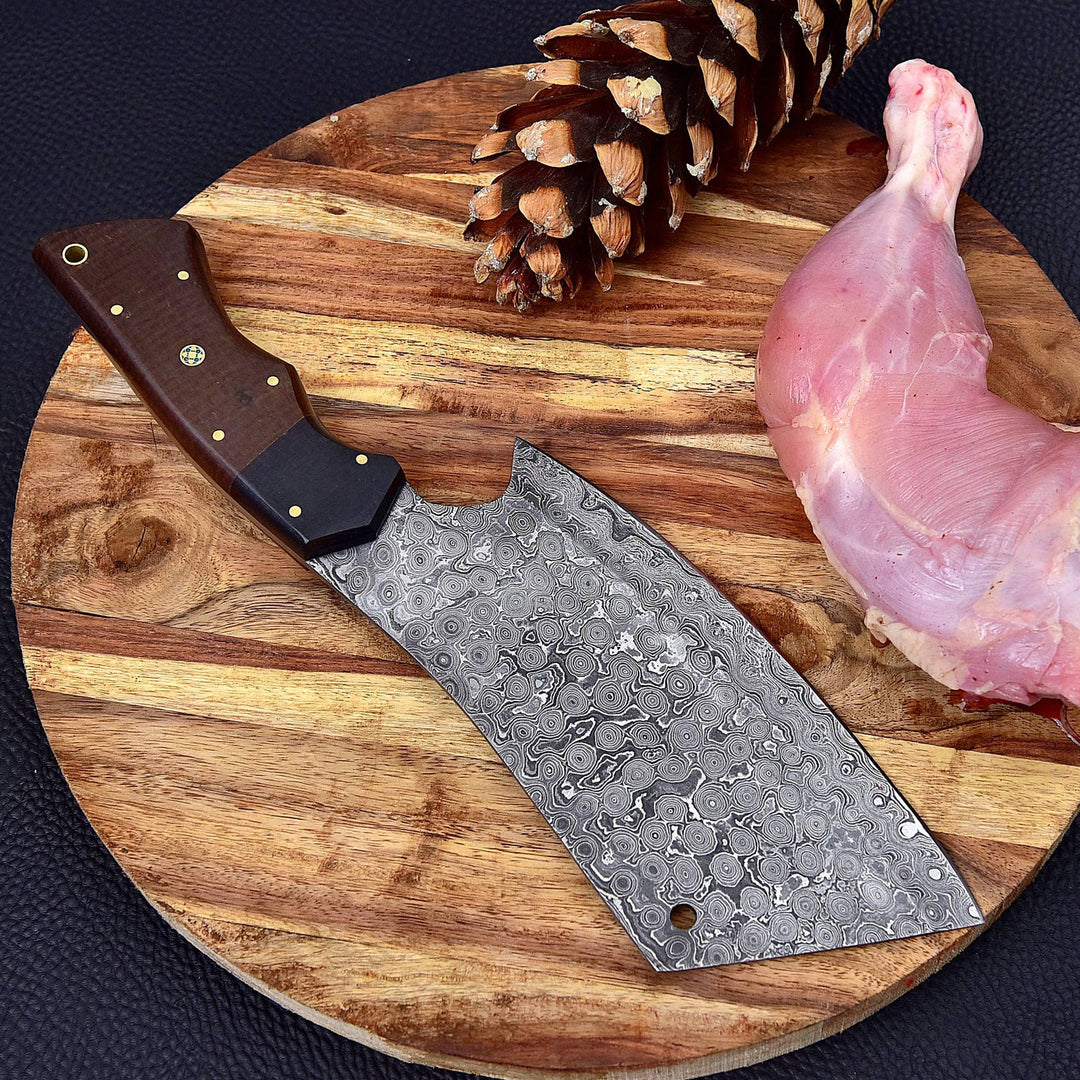 Custom Handmade Damascus Steel Rain Drop Full Tang Cleaver Kitchen Chef Knife With Leather Sheath