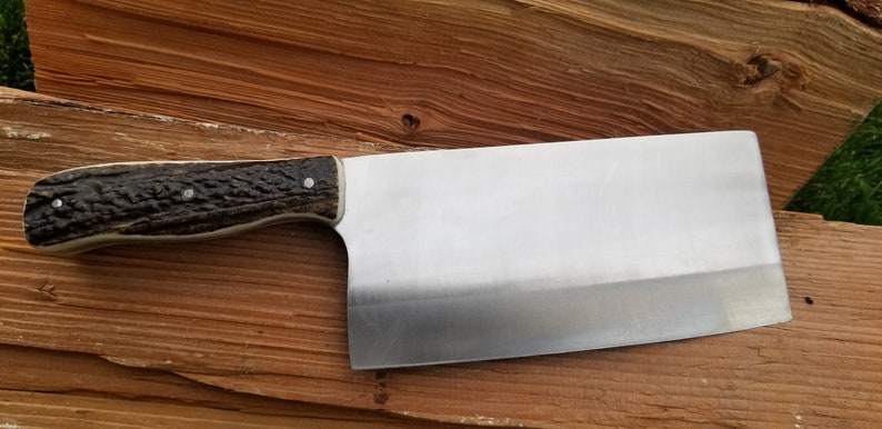 Custom Forged Handmade Full Tang Fixed Blade Meat Cleaver Knife Paired With Elk Stag Antlers