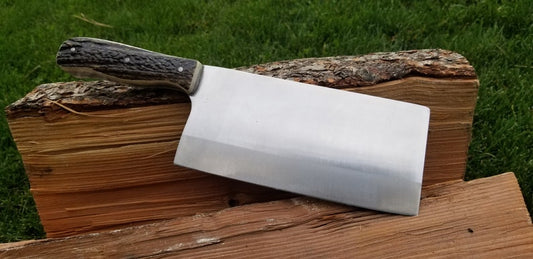 Custom Forged Handmade Full Tang Fixed Blade Meat Cleaver Knife Paired With Elk Stag Antlers