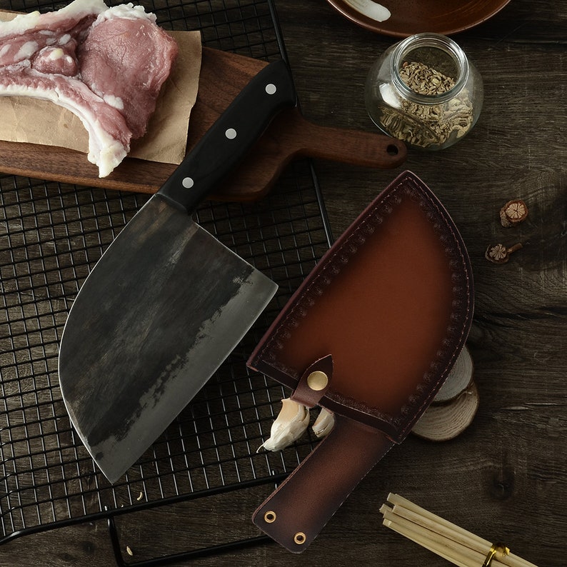 Full Tang Handforge Kitchen Chef Knife High Carbon Clad Steel Butcher Cleaver with PU Leather Knife Sheath