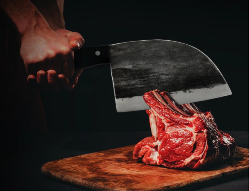 Full Tang Handforge Kitchen Chef Knife High Carbon Clad Steel Butcher Cleaver with PU Leather Knife Sheath