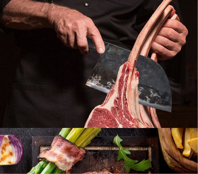 Full Tang Handforge Kitchen Chef Knife High Carbon Clad Steel Butcher Cleaver with PU Leather Knife Sheath