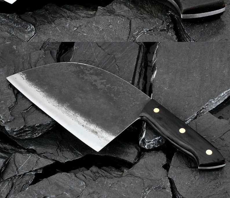 Full Tang Handforge Kitchen Chef Knife High Carbon Clad Steel Butcher Cleaver with PU Leather Knife Sheath