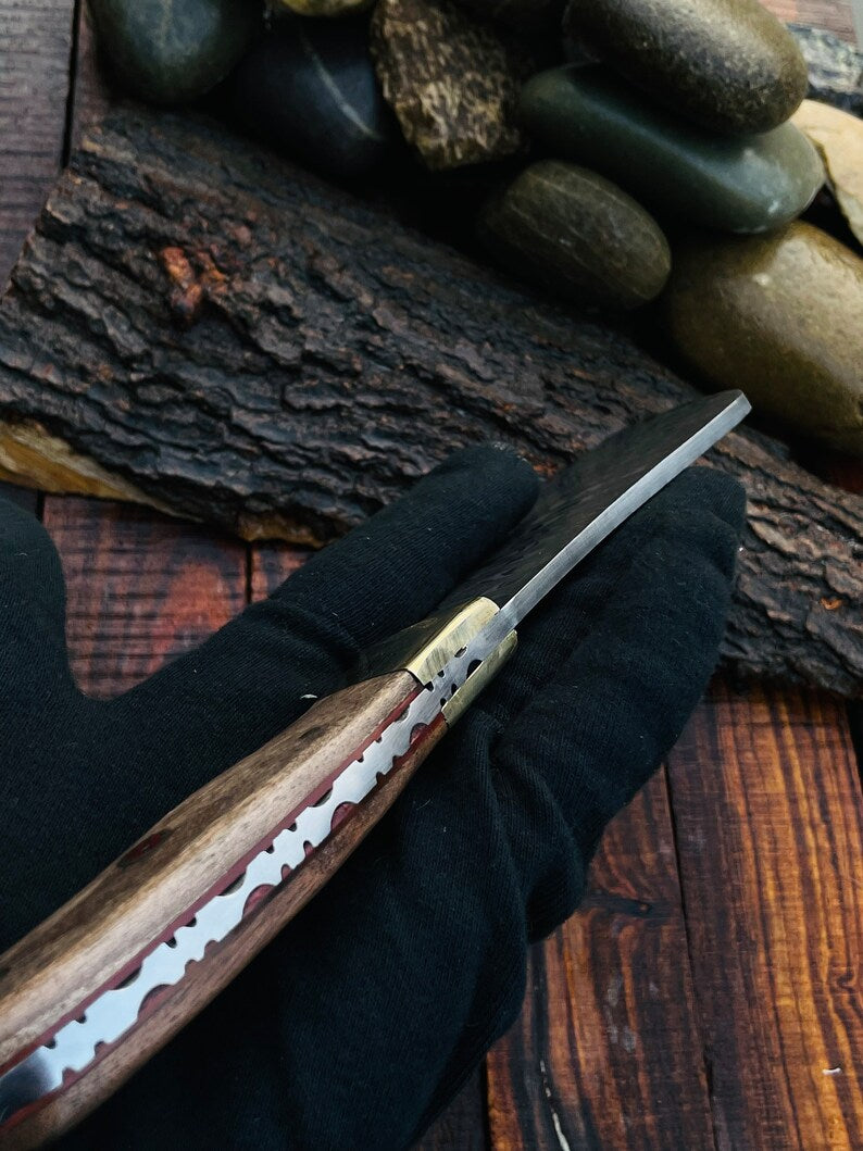 Kitchen Knife-Handmade Damascus Steel Cleaver/ Axe- Wood Handle, Brass Spacer-Leather sheath-File work