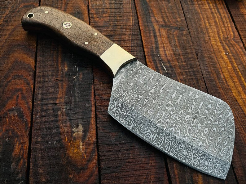 Kitchen Knife-Handmade Damascus Steel Cleaver/ Axe- Wood Handle, Brass Spacer-Leather sheath-File work