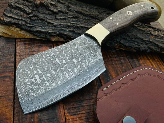 Kitchen Knife-Handmade Damascus Steel Cleaver/ Axe- Wood Handle, Brass Spacer-Leather sheath-File work