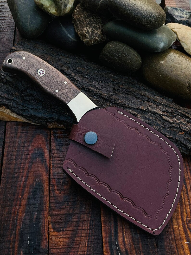 Kitchen Knife-Handmade Damascus Steel Cleaver/ Axe- Wood Handle, Brass Spacer-Leather sheath-File work