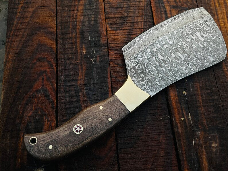 Kitchen Knife-Handmade Damascus Steel Cleaver/ Axe- Wood Handle, Brass Spacer-Leather sheath-File work