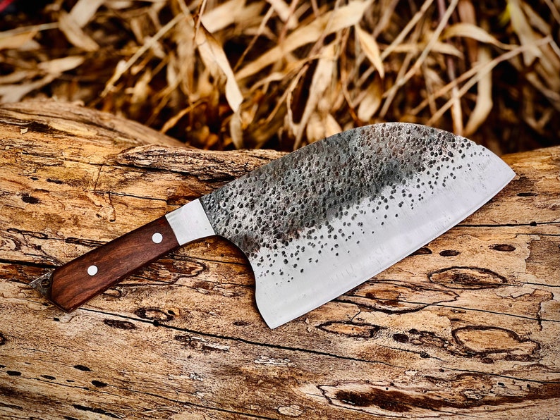 Handmade Carbon Steel Serbian Cleaver with Wood Handle with Leather Sheath