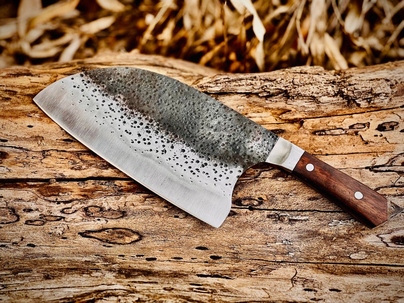 Handmade Carbon Steel Serbian Cleaver with Wood Handle with Leather Sheath