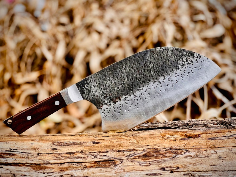Handmade Carbon Steel Serbian Cleaver with Wood Handle with Leather Sheath