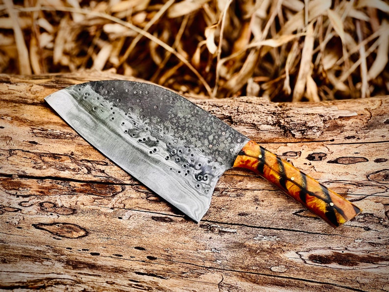 Handmade Carbon Steel Serbian Chef's Knife Cleaver with Leather Sheath