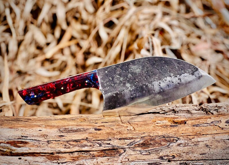 Handmade Carbon Steel Serbian Cleaver Beautiful Handle with Leather Sheath