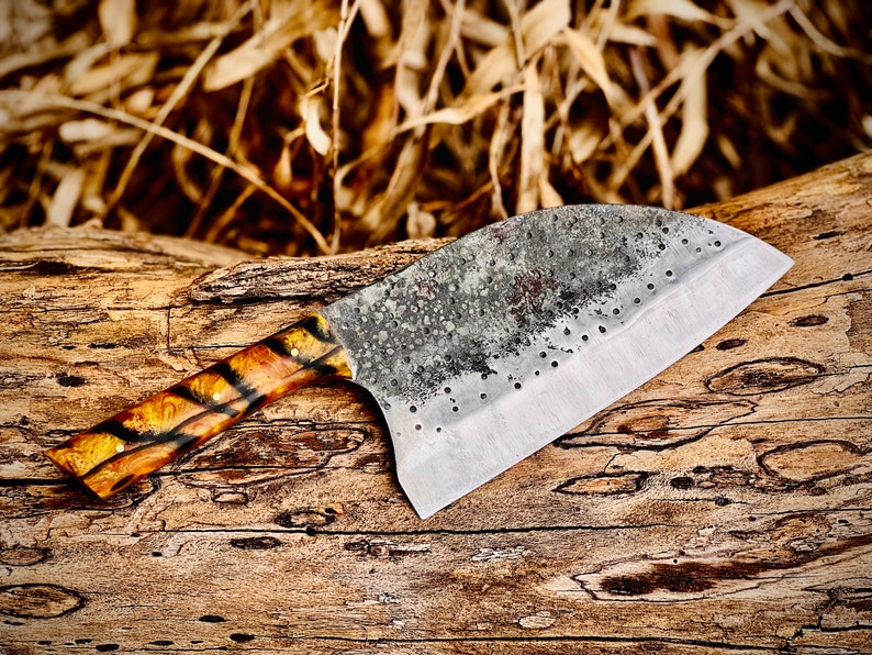 Handmade Carbon Steel Serbian Chef's Knife Cleaver with Leather Sheath